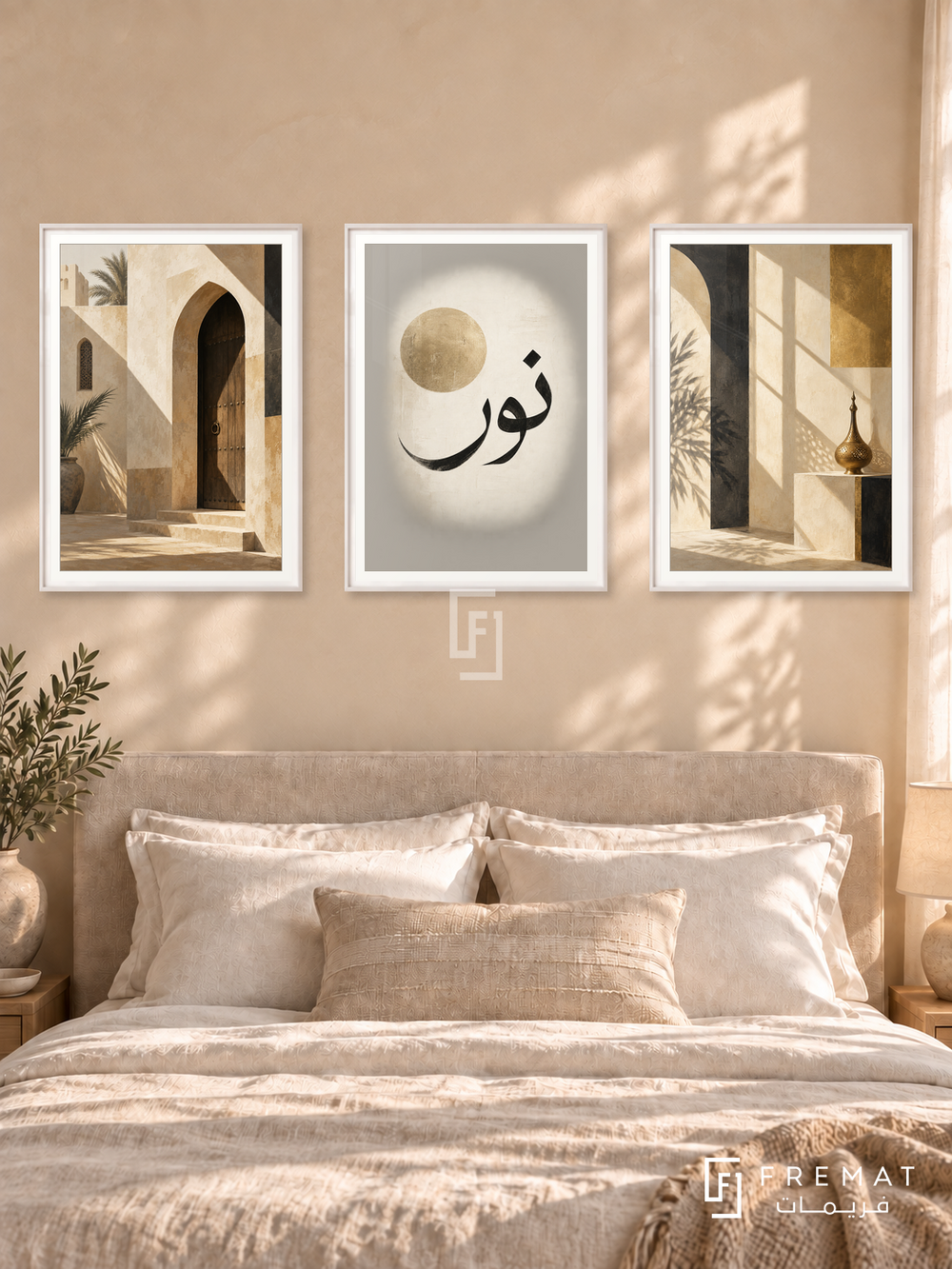 Light Of Home — set of three complementary Arabic artworks in White frames, shown at 50×70 cm each.