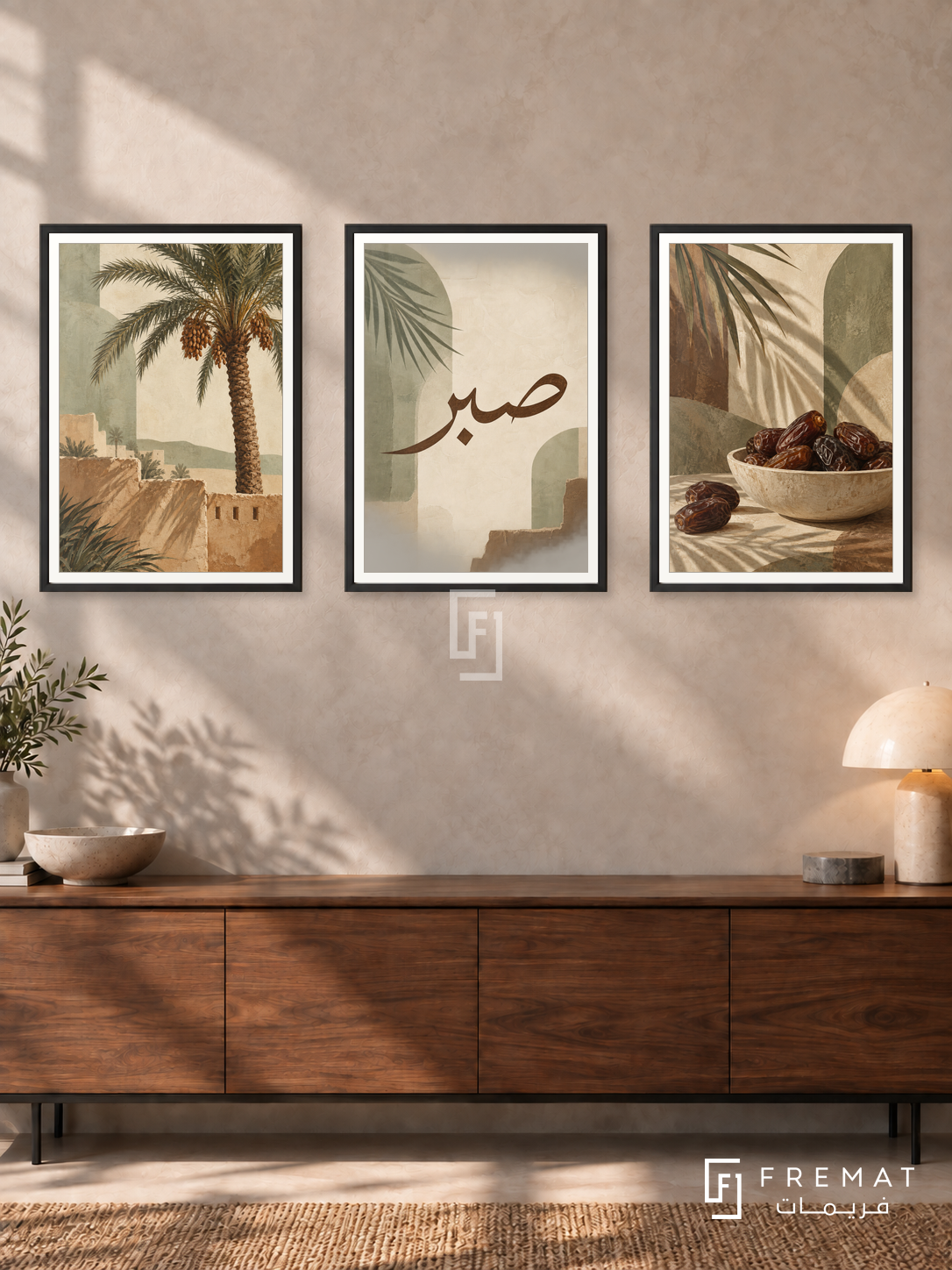 Palm And Patience — set of three complementary Arabic artworks in Black frames, shown at 50×70 cm each.