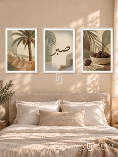 Palm And Patience — set of three complementary Arabic artworks in White frames, shown at 50×70 cm each.