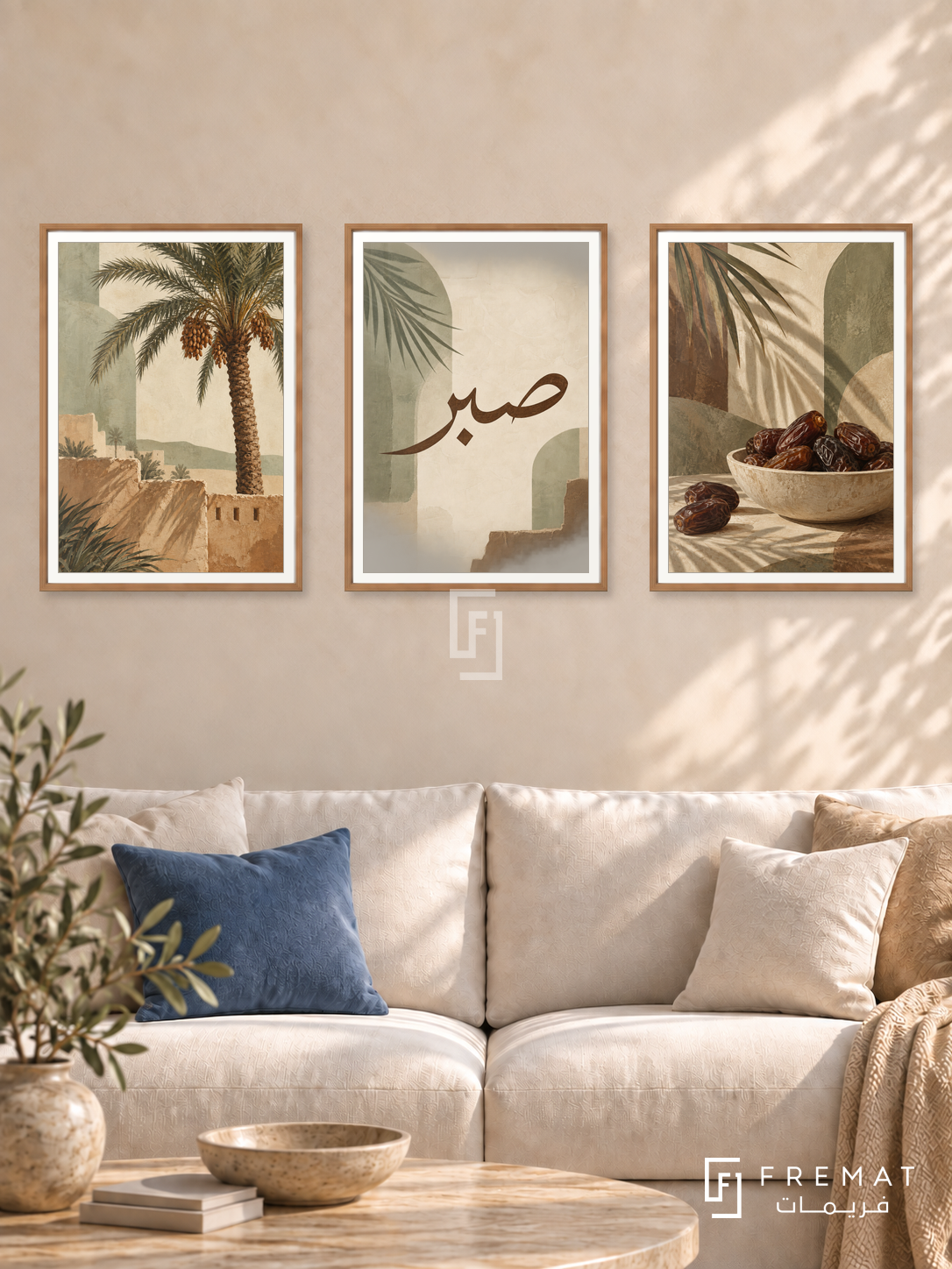 Palm And Patience — set of three complementary Arabic artworks in Wooden Texture frames, shown at 50×70 cm each.
