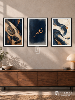 Rhythm Of Oud — set of three complementary Arabic artworks in Black frames, shown at 50×70 cm each.