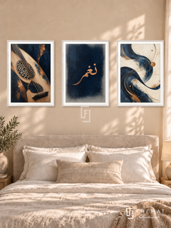 Rhythm Of Oud — set of three complementary Arabic artworks in White frames, shown at 50×70 cm each.