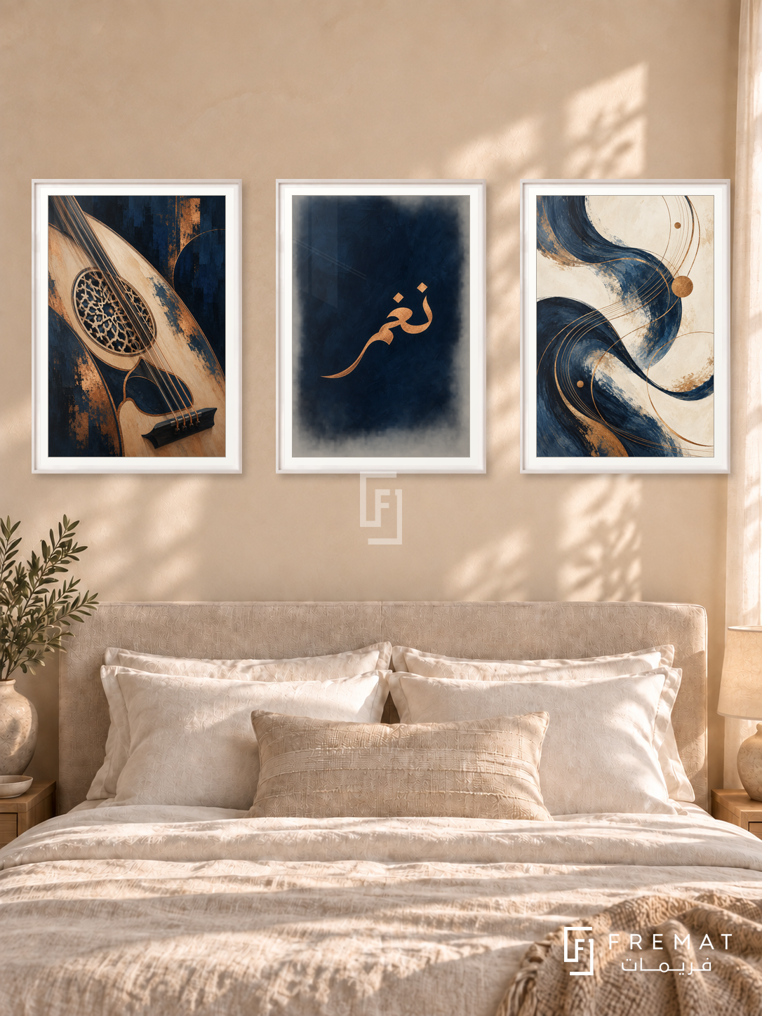 Rhythm Of Oud — set of three complementary Arabic artworks in White frames, shown at 50×70 cm each.