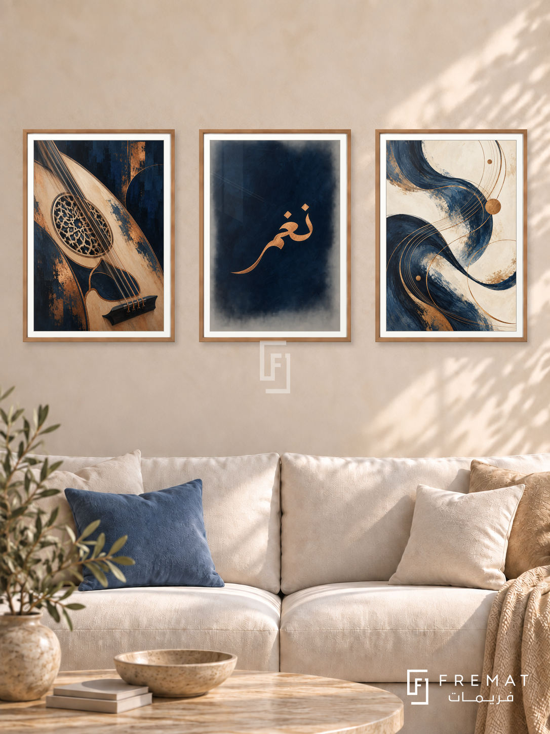Rhythm Of Oud — set of three complementary Arabic artworks in Wooden Texture frames, shown at 50×70 cm each.