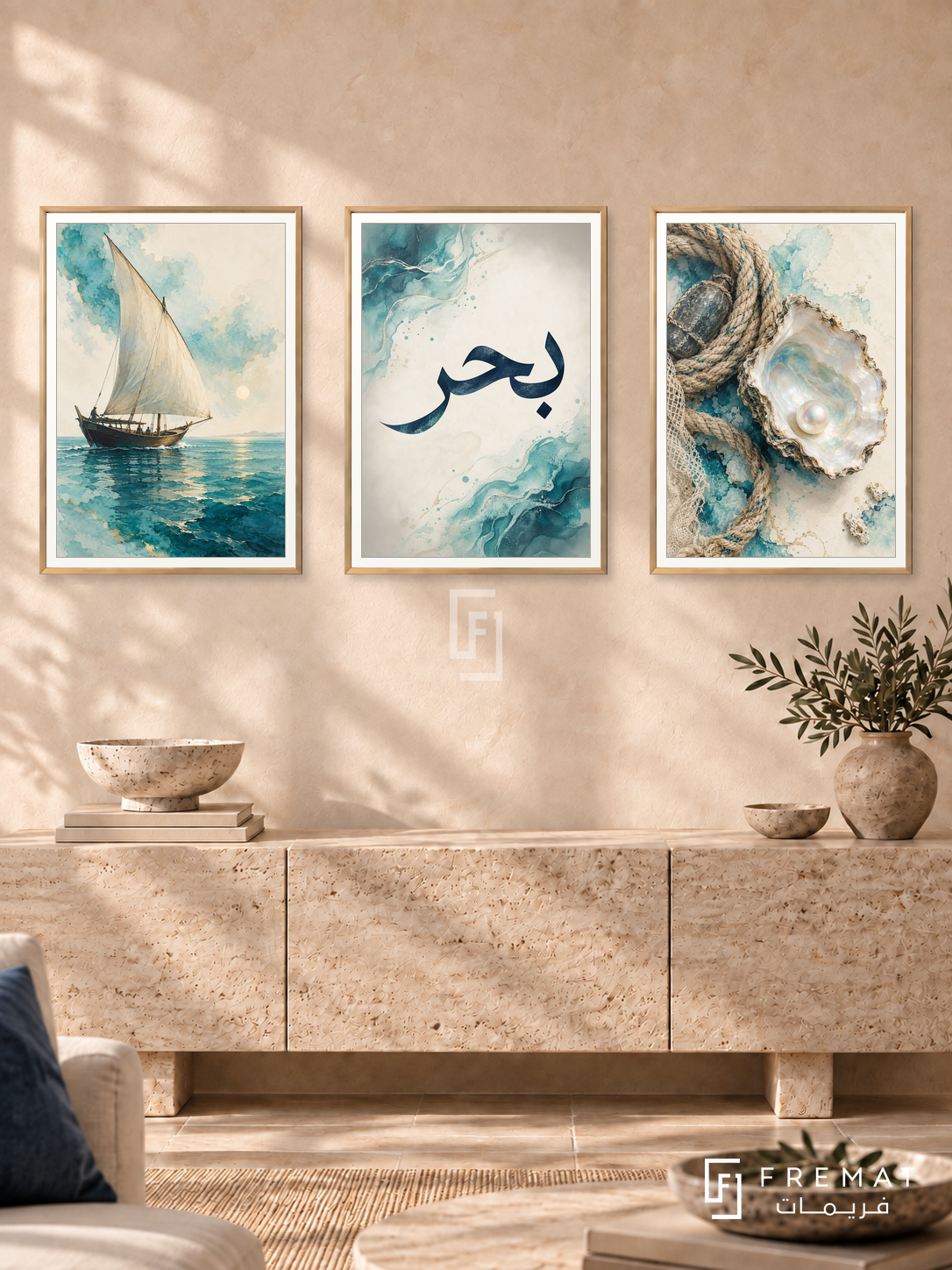 Sea And Pearl — set of three complementary Arabic artworks in Gold frames, shown at 50×70 cm each.