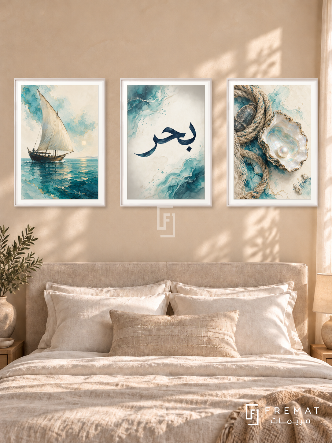 Sea And Pearl — set of three complementary Arabic artworks in White frames, shown at 50×70 cm each.