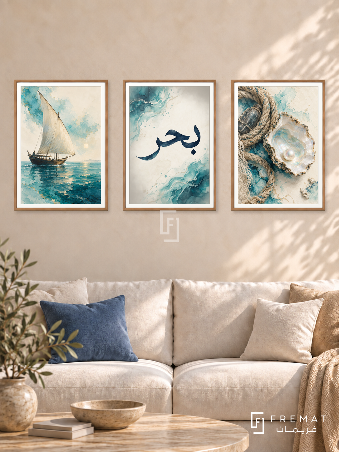 Sea And Pearl — set of three complementary Arabic artworks in Wooden Texture frames, shown at 50×70 cm each.