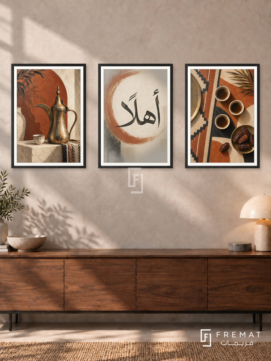 Coffee And Welcome — set of three complementary Arabic artworks in Black frames, shown at 50×70 cm each.