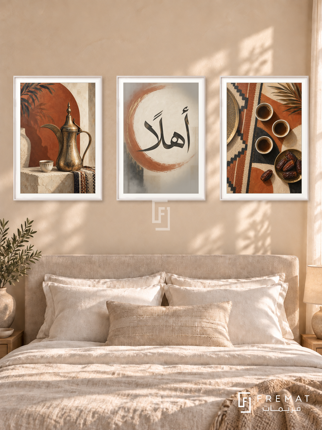 Coffee And Welcome — set of three complementary Arabic artworks in White frames, shown at 50×70 cm each.