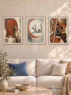 Coffee And Welcome — set of three complementary Arabic artworks in Wooden Texture frames, shown at 50×70 cm each.