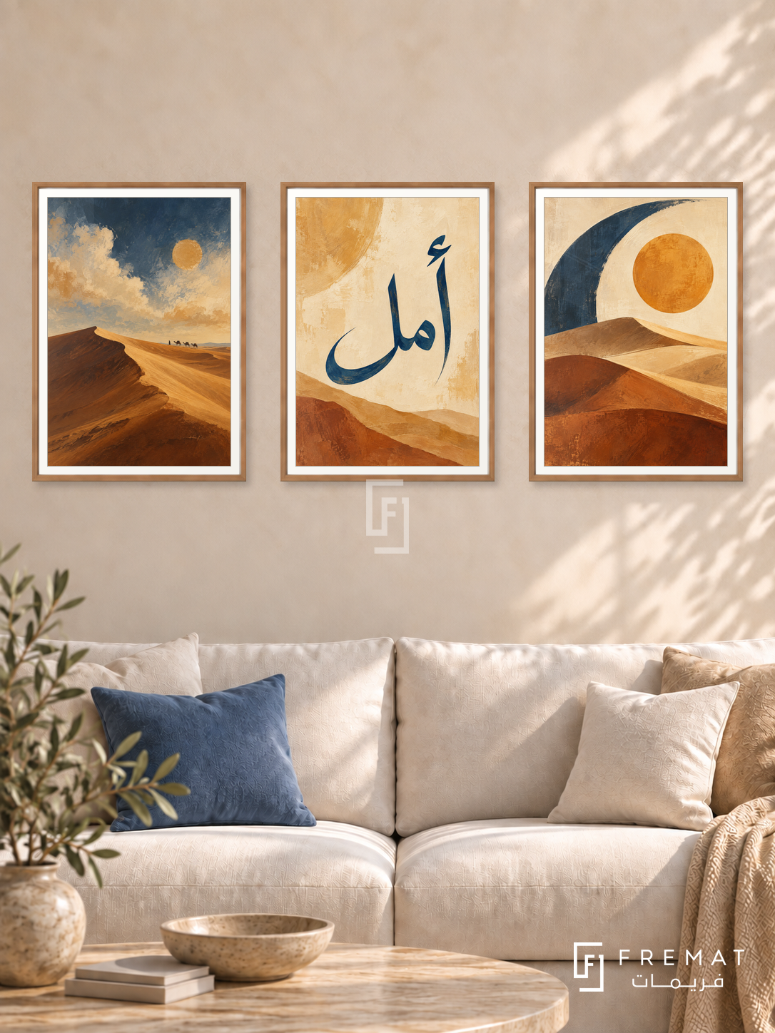 Desert Poetry — set of three complementary Arabic artworks in Wooden Texture frames, shown at 50×70 cm each.