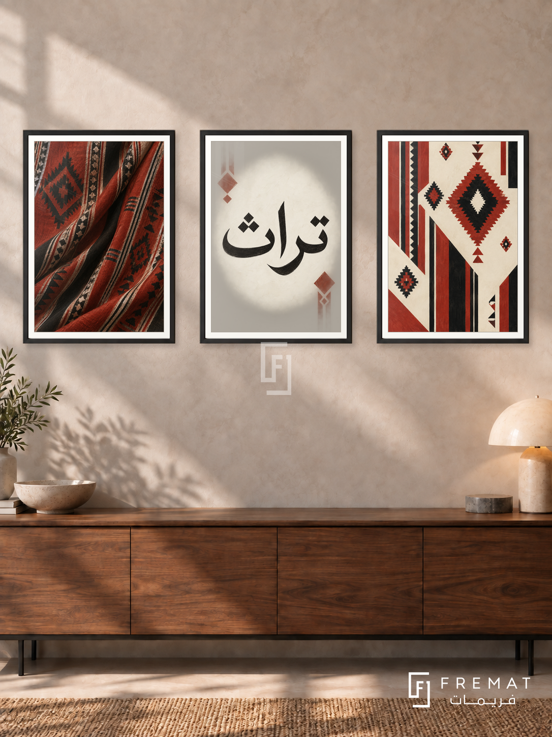 Woven Memory — set of three complementary Arabic artworks in Black frames, shown at 50×70 cm each.
