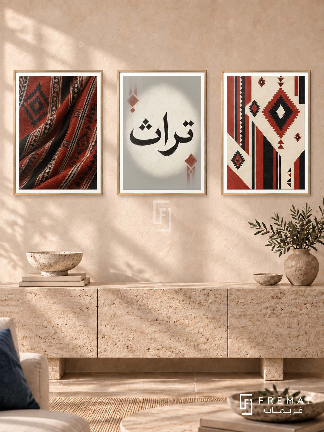 Woven Memory — set of three complementary Arabic artworks in Gold frames, shown at 50×70 cm each.