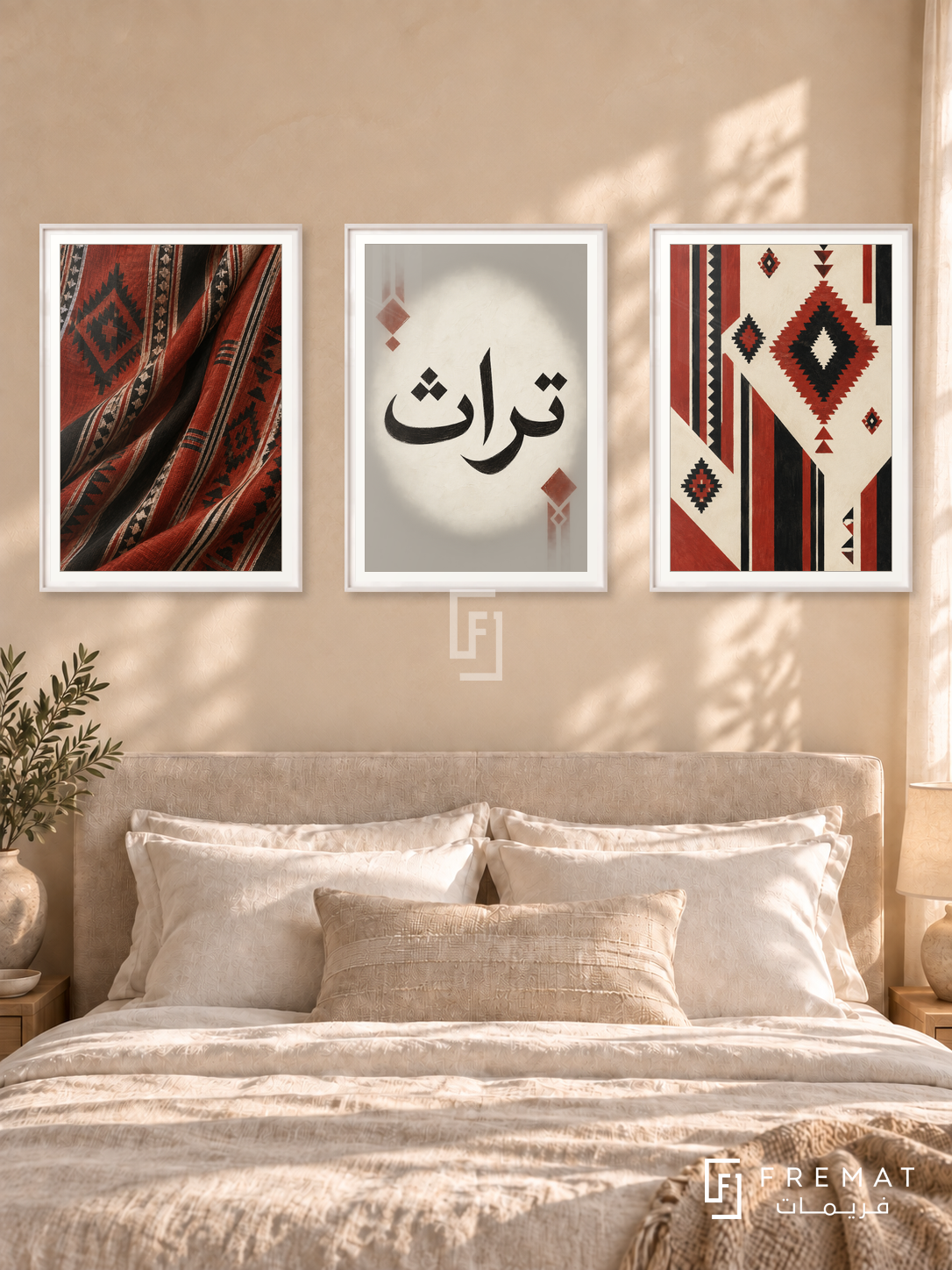 Woven Memory — set of three complementary Arabic artworks in White frames, shown at 50×70 cm each.