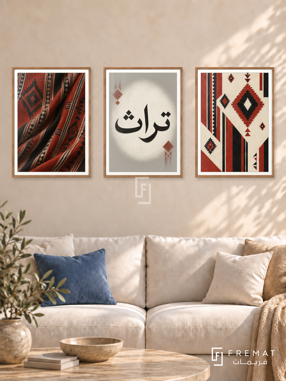 Woven Memory — set of three complementary Arabic artworks in Wooden Texture frames, shown at 50×70 cm each.