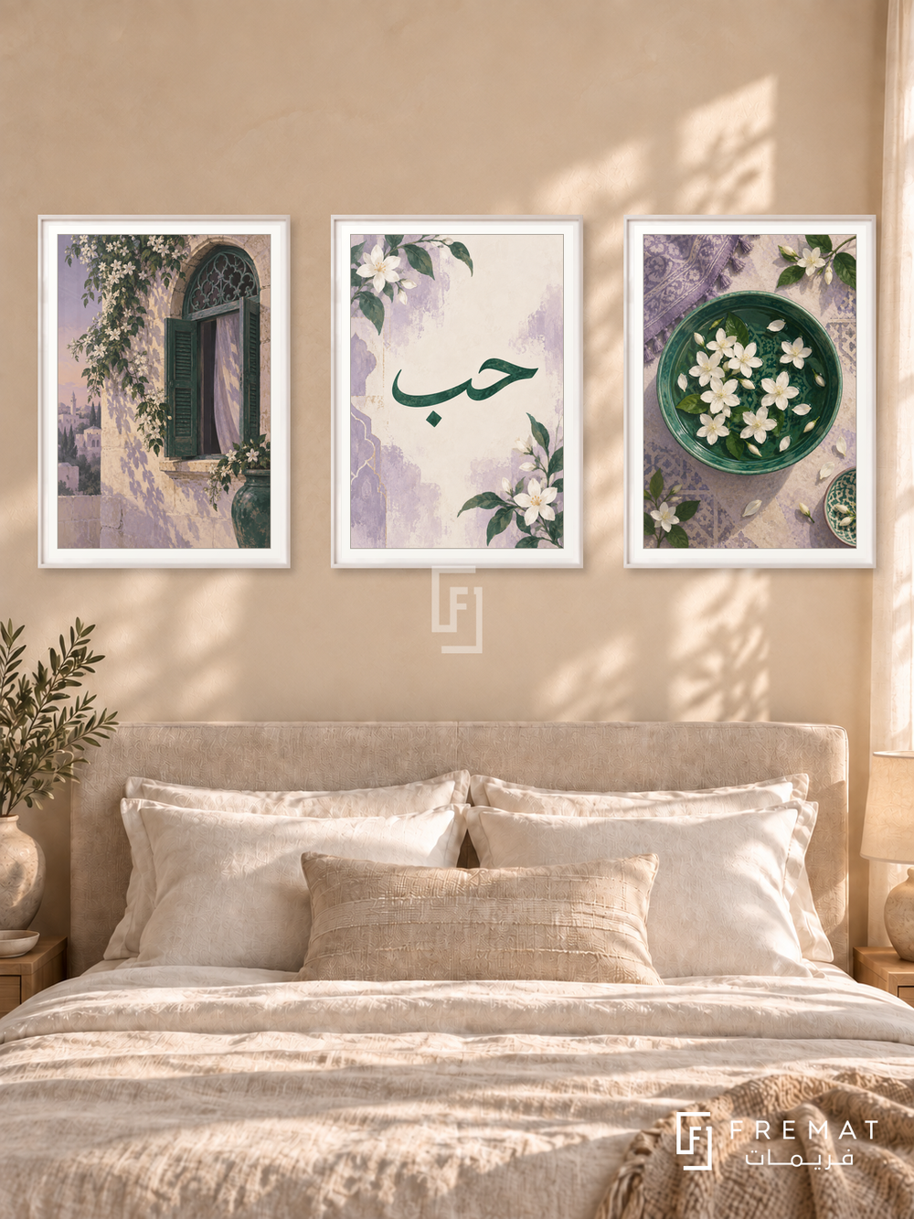 Jasmine Evening — set of three complementary Arabic artworks in White frames, shown at 50×70 cm each.