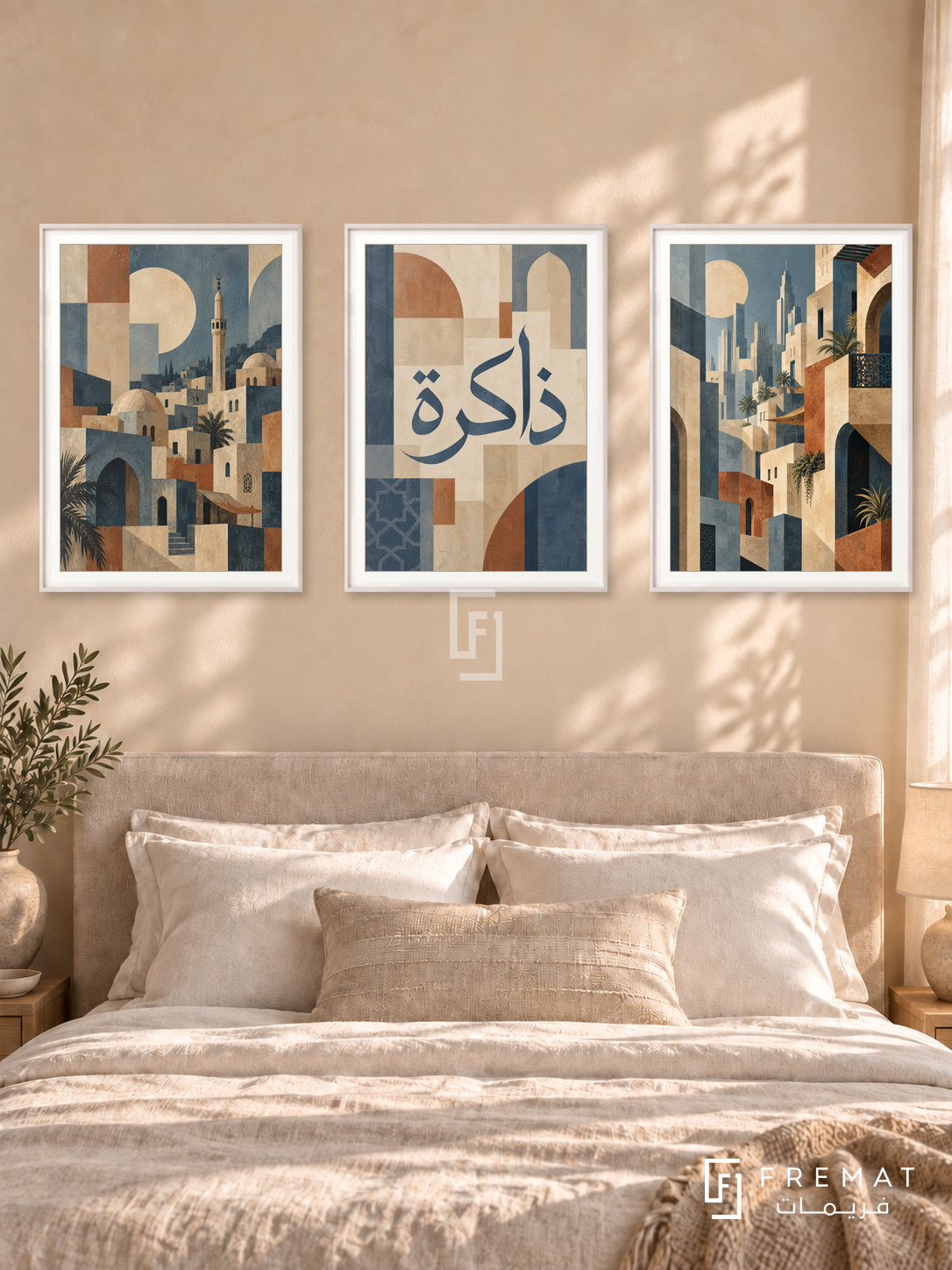 City And Memory — set of three complementary Arabic artworks in White frames, shown at 50×70 cm each.