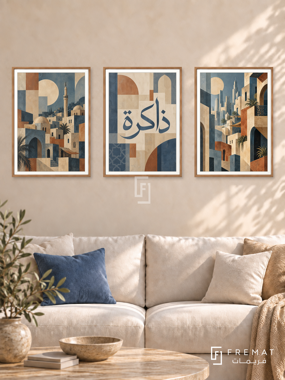 City And Memory — set of three complementary Arabic artworks in Wooden Texture frames, shown at 50×70 cm each.