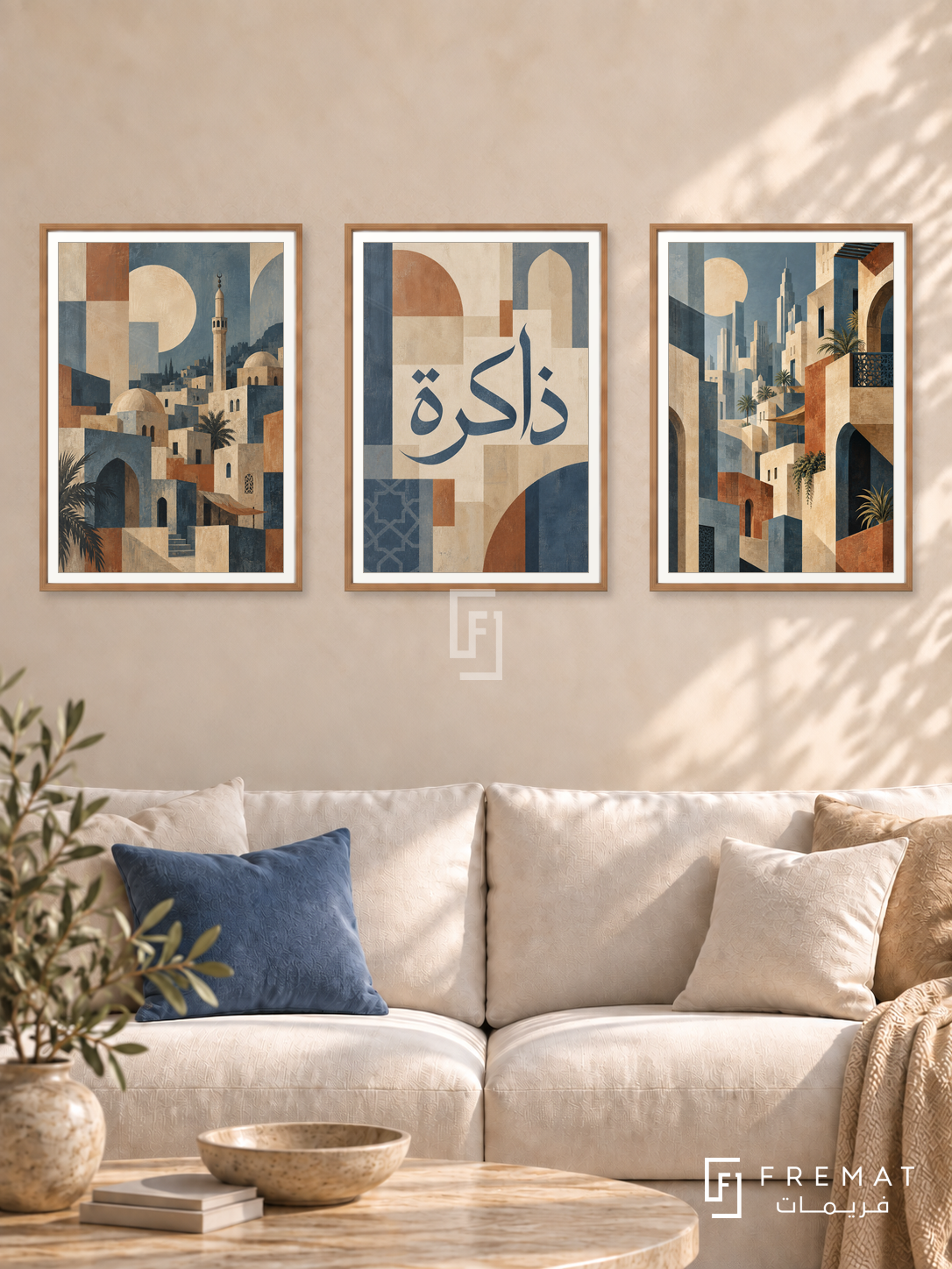City And Memory — set of three complementary Arabic artworks in Wooden Texture frames, shown at 50×70 cm each.