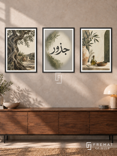 Olive Roots — set of three complementary Arabic artworks in Black frames, shown at 50×70 cm each.