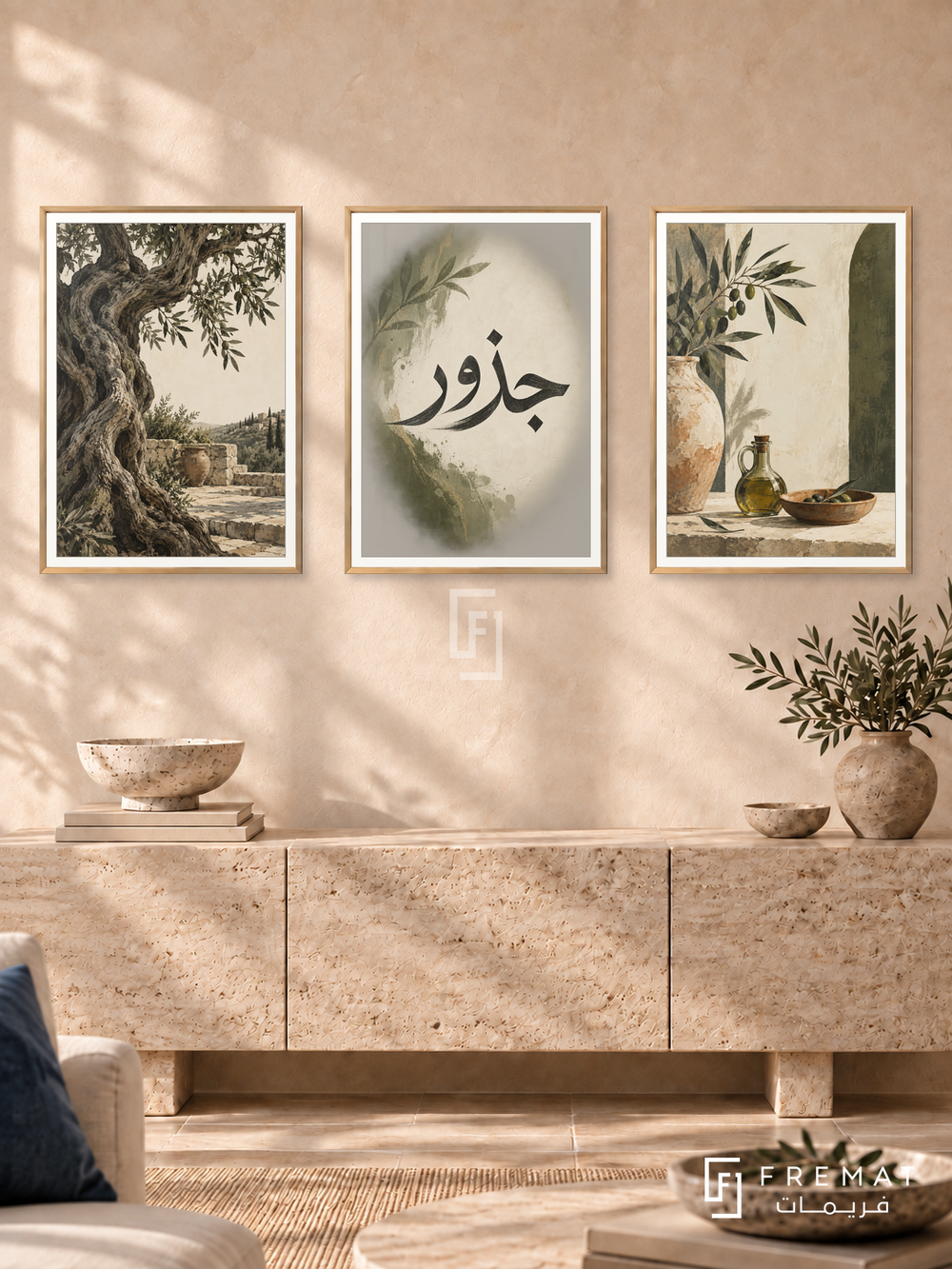 Olive Roots — set of three complementary Arabic artworks in Gold frames, shown at 50×70 cm each.