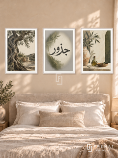 Olive Roots — set of three complementary Arabic artworks in White frames, shown at 50×70 cm each.