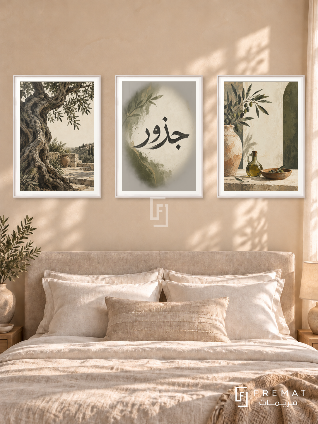 Olive Roots — set of three complementary Arabic artworks in White frames, shown at 50×70 cm each.