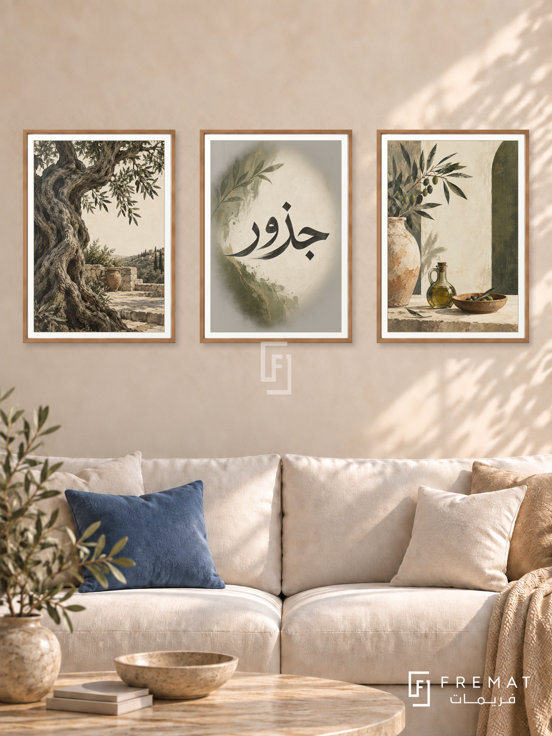 Olive Roots — set of three complementary Arabic artworks in Wooden Texture frames, shown at 50×70 cm each.