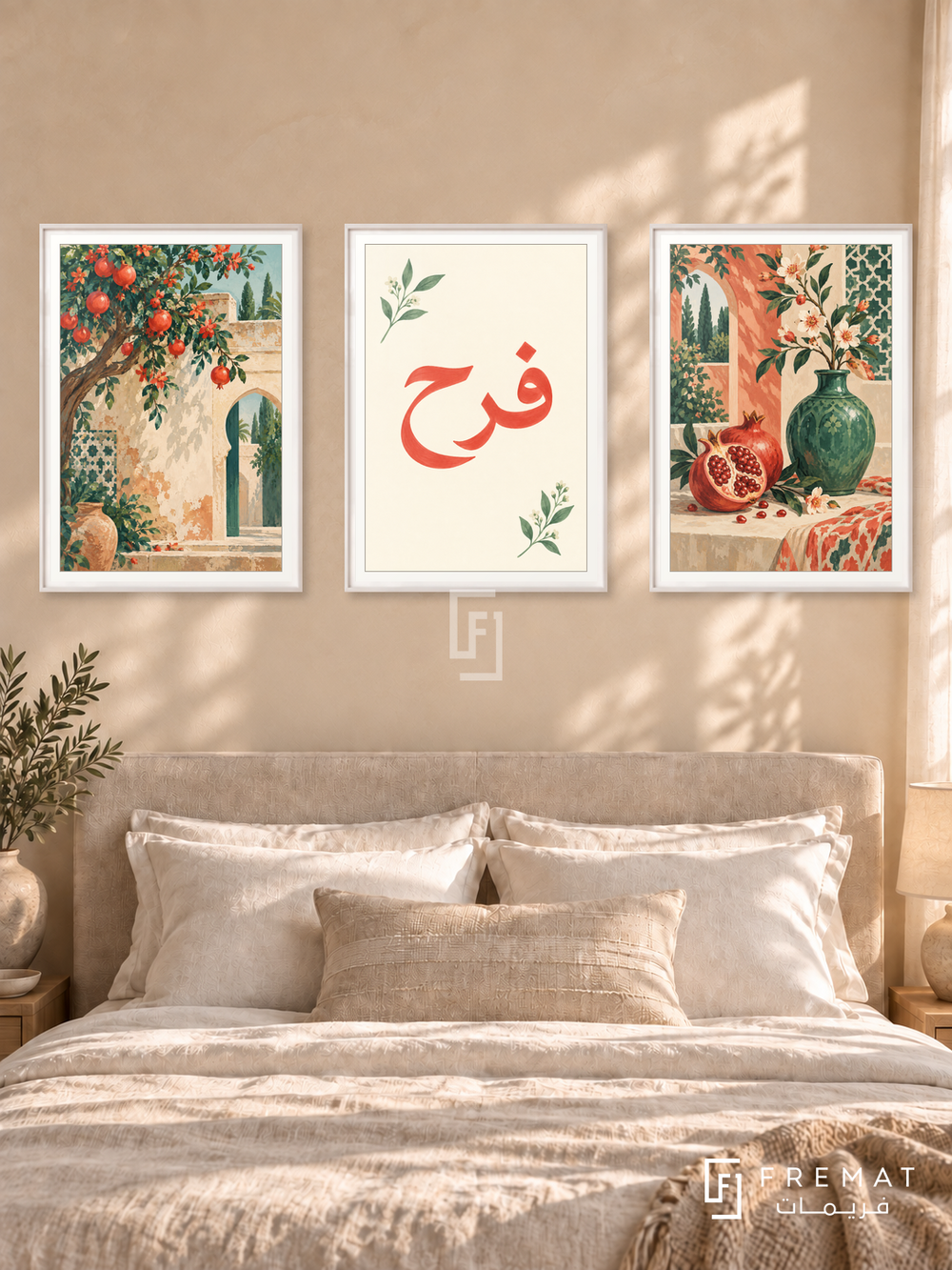 Garden Of Joy — set of three complementary Arabic artworks in White frames, shown at 50×70 cm each.
