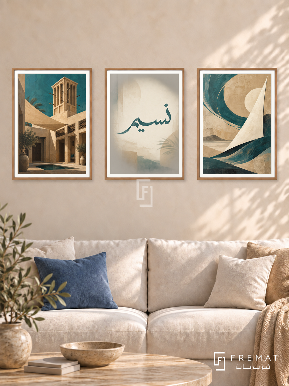 Wind And Sail — set of three complementary Arabic artworks in Wooden Texture frames, shown at 50×70 cm each.