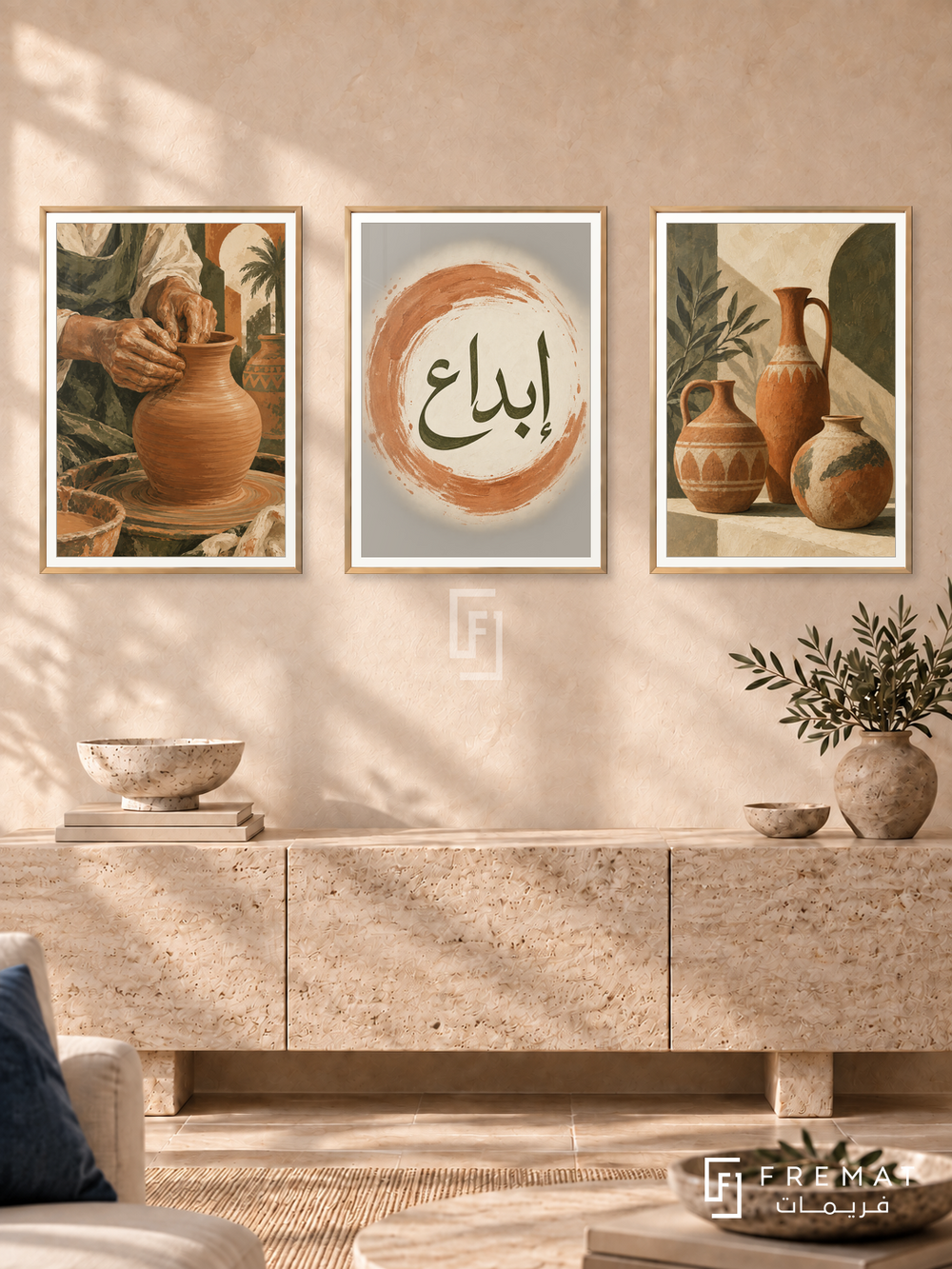 Hands And Clay — set of three complementary Arabic artworks in Gold frames, shown at 50×70 cm each.