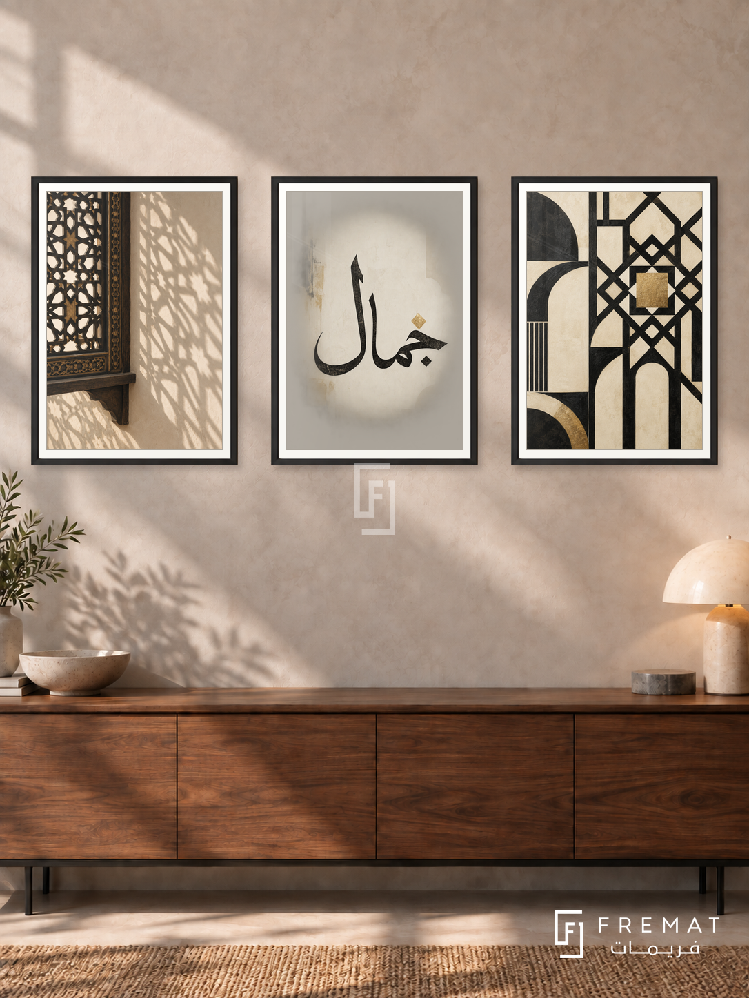 Arabesque Renewed — set of three complementary Arabic artworks in Black frames, shown at 50×70 cm each.