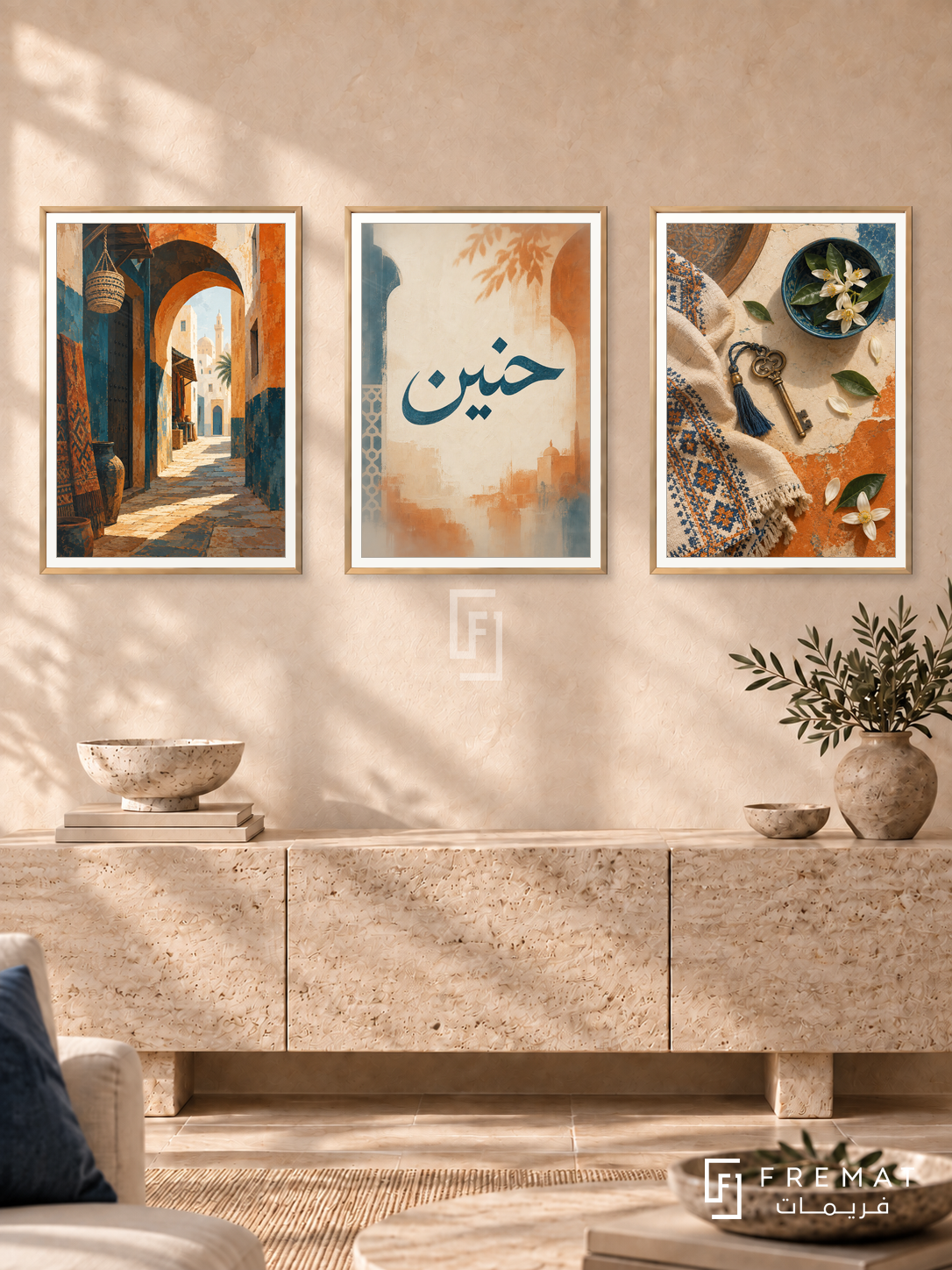 Journey And Return — set of three complementary Arabic artworks in Gold frames, shown at 50×70 cm each.