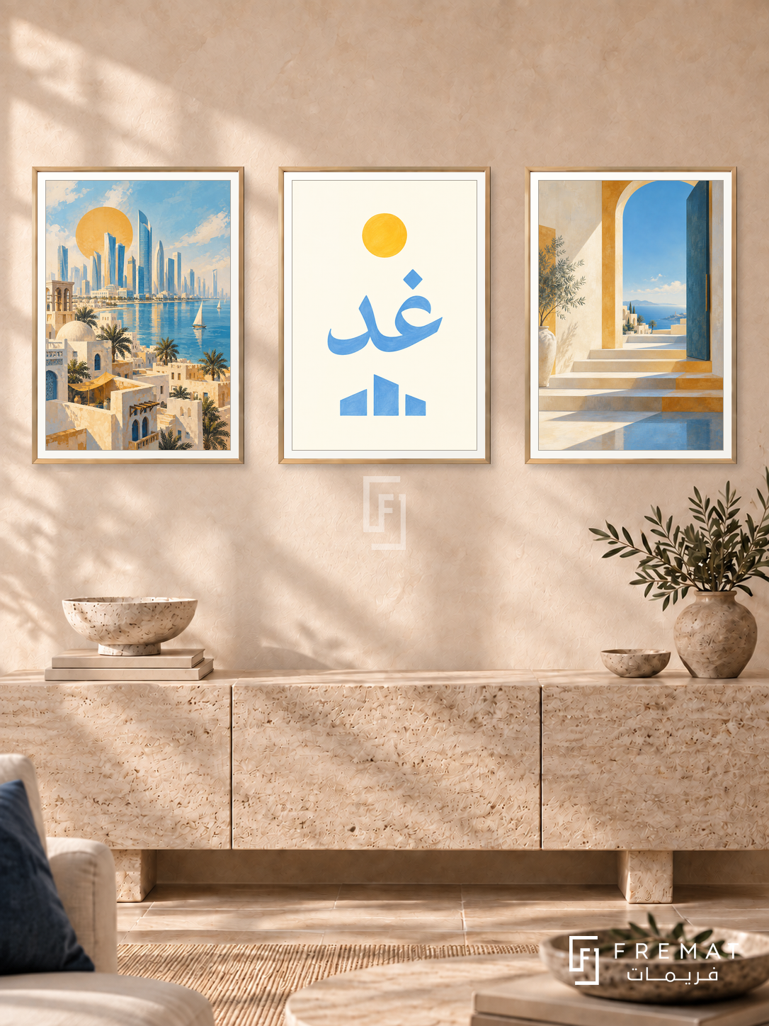 Horizon Tomorrow — set of three complementary Arabic artworks in Gold frames, shown at 50×70 cm each.