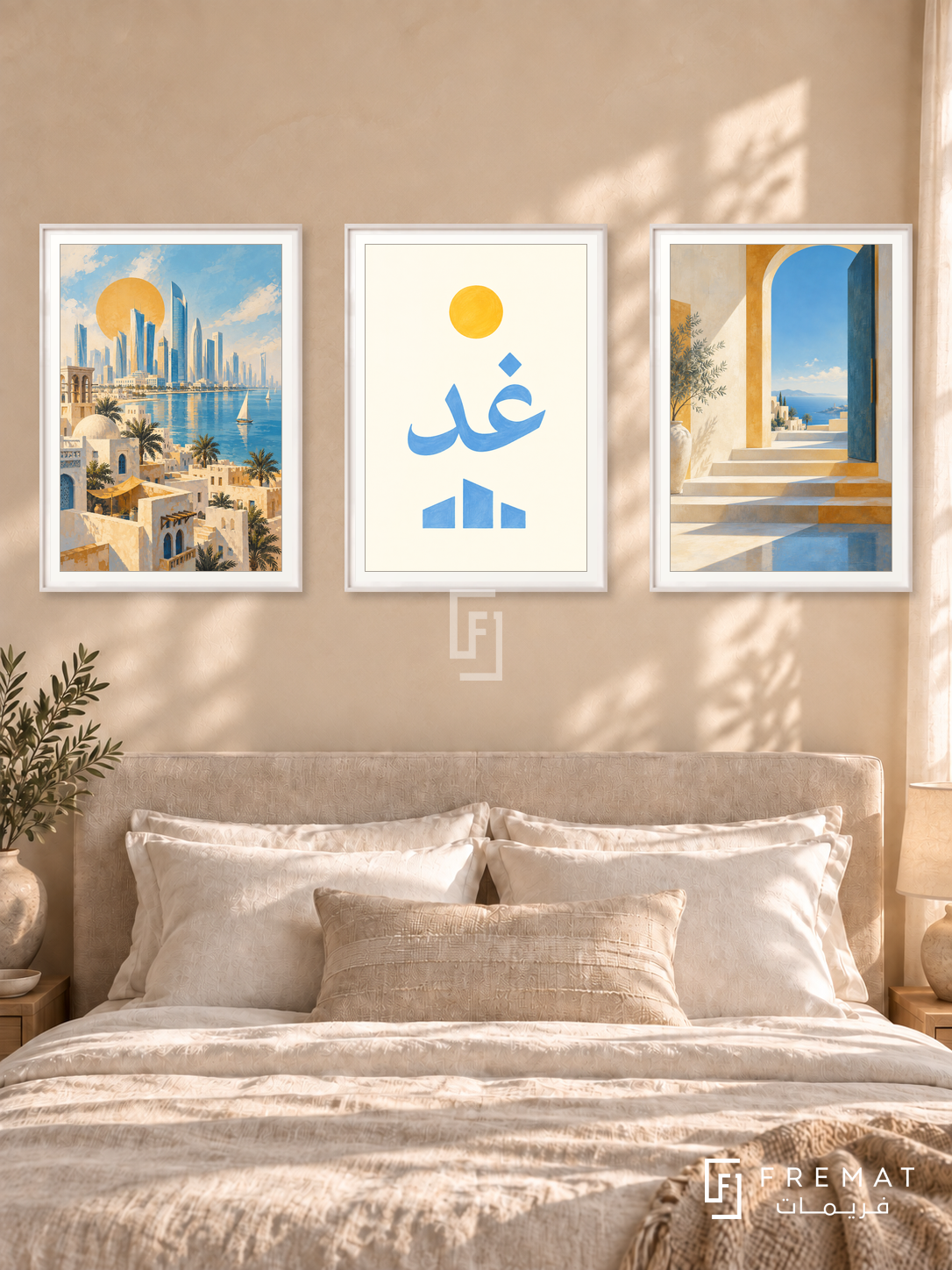 Horizon Tomorrow — set of three complementary Arabic artworks in White frames, shown at 50×70 cm each.