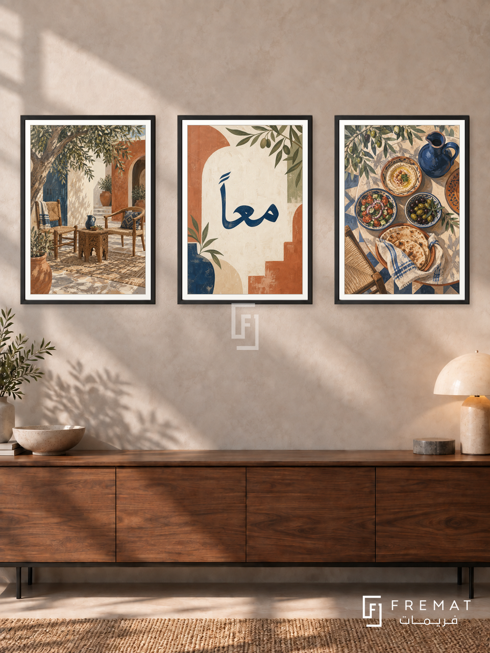 Together — set of three complementary Arabic artworks in Black frames, shown at 50×70 cm each.
