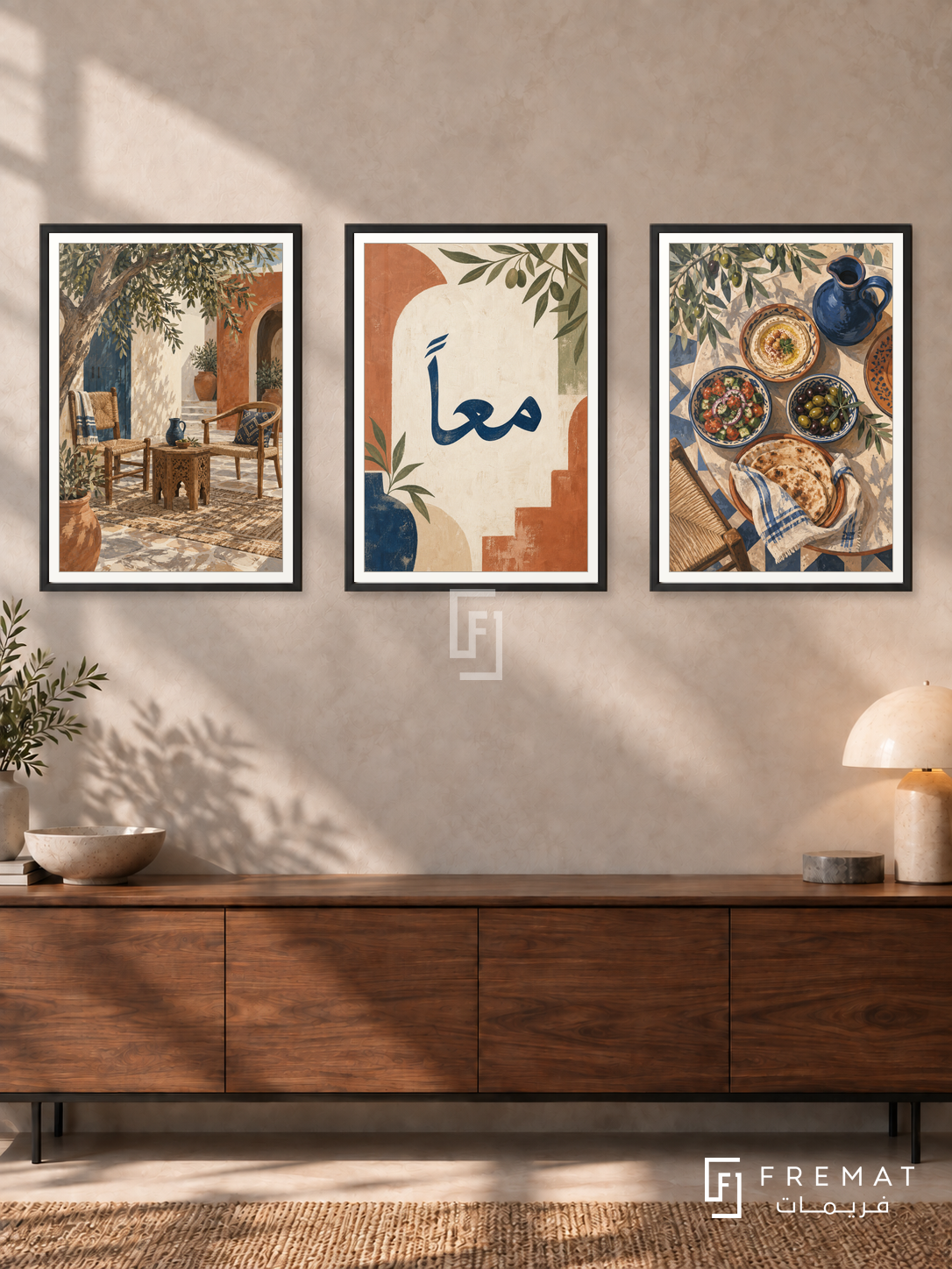 Together — set of three complementary Arabic artworks in Black frames, shown at 50×70 cm each.