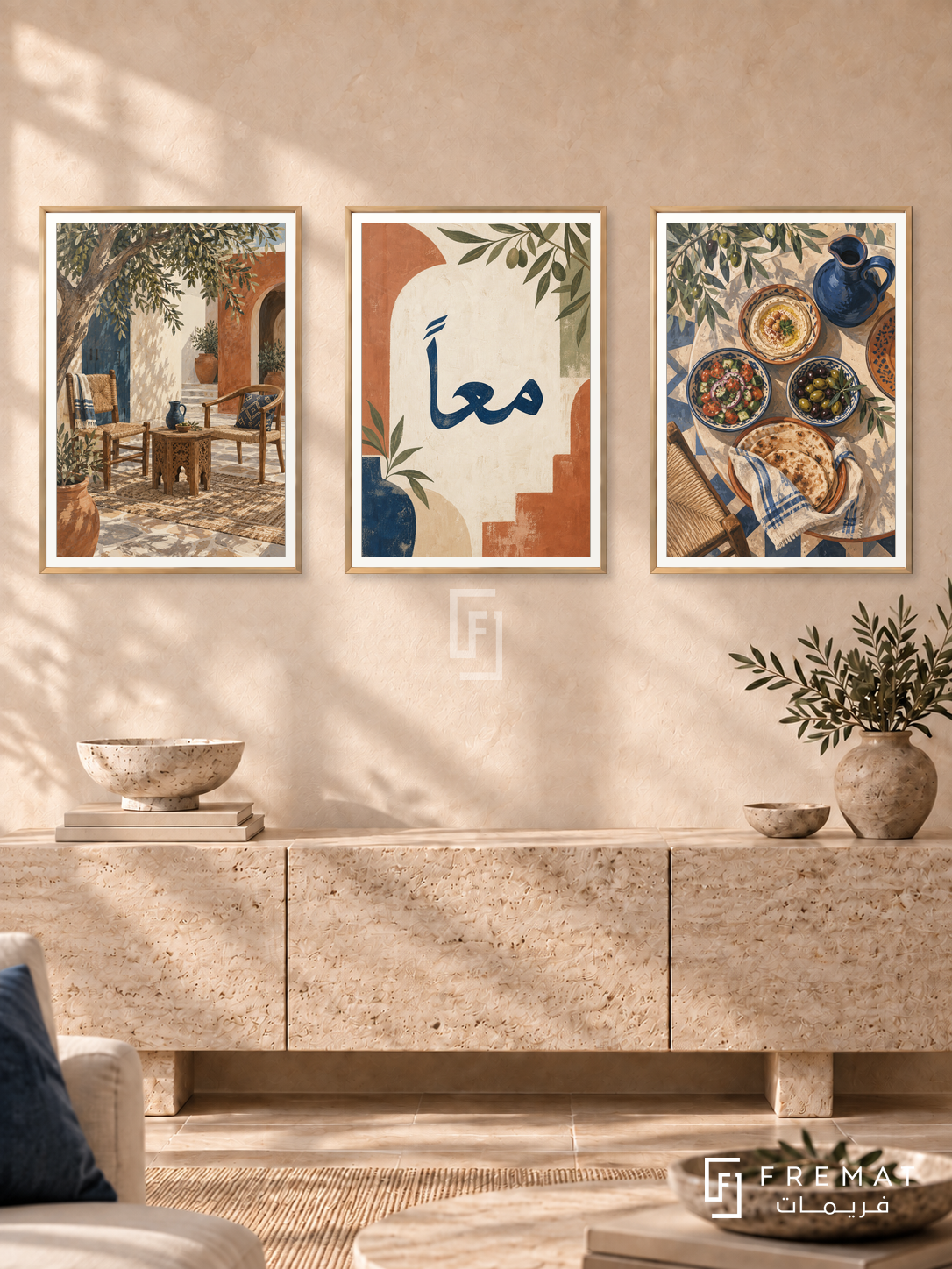 Together — set of three complementary Arabic artworks in Gold frames, shown at 50×70 cm each.