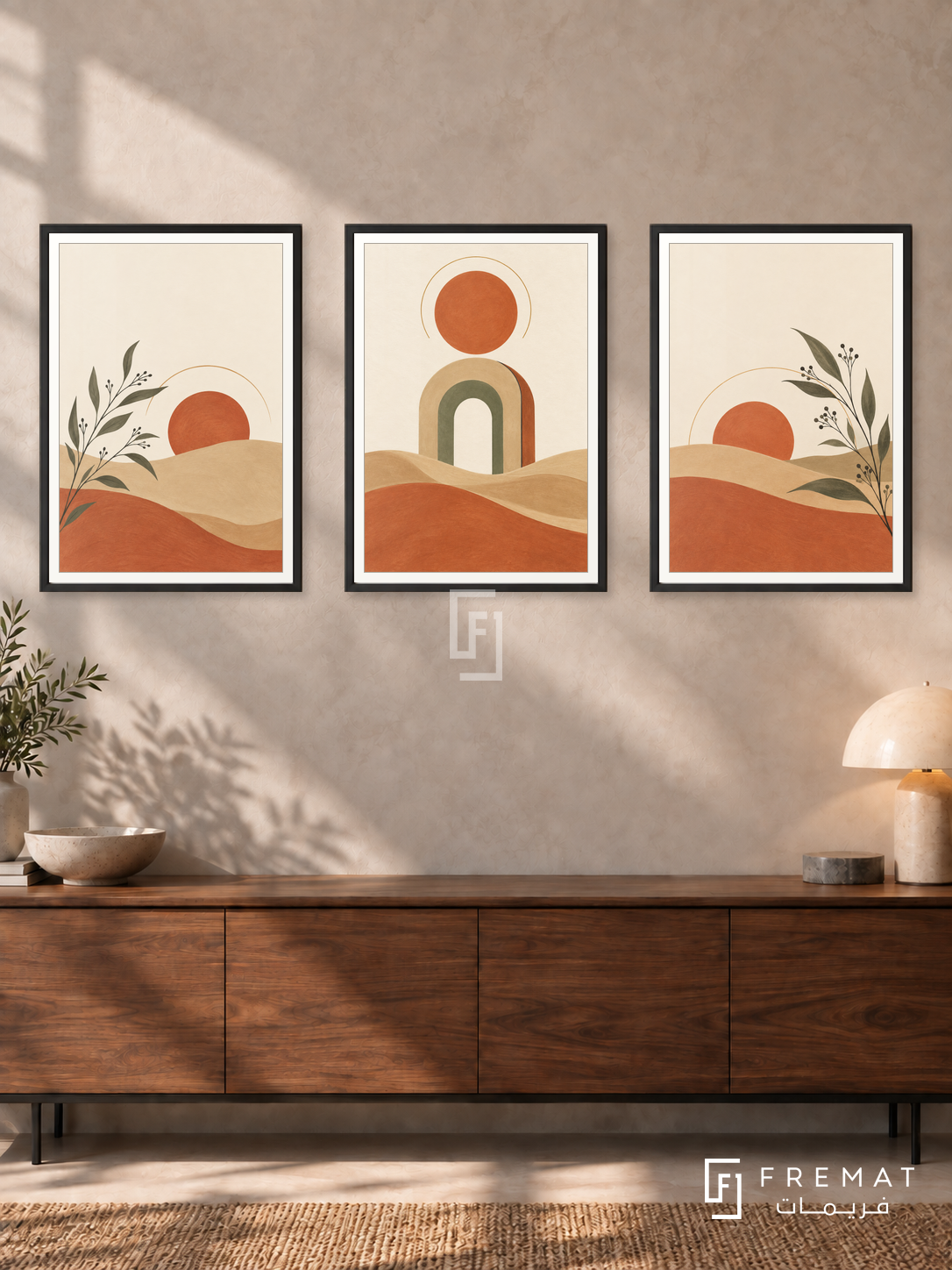 One Sun Three Moments — set of three complementary boho artworks in Black frames, shown at 50×70 cm each.