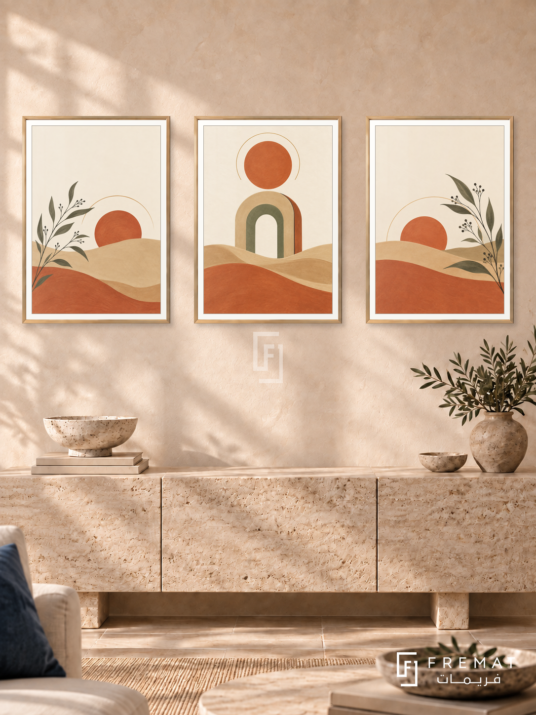 One Sun Three Moments — set of three complementary boho artworks in Gold frames, shown at 50×70 cm each.