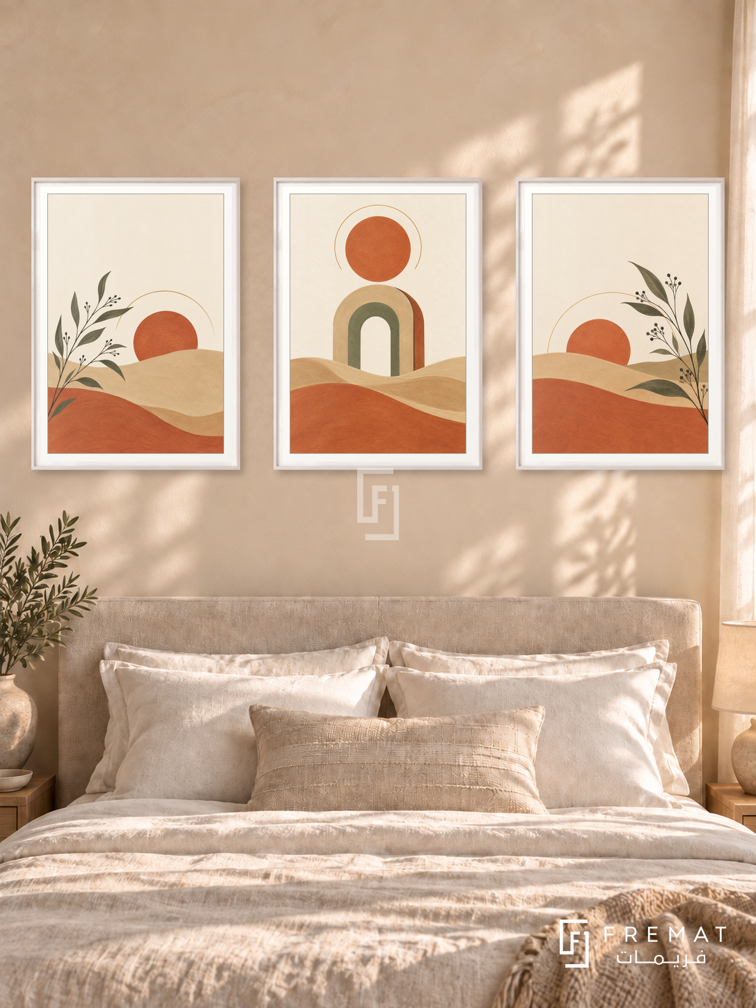 One Sun Three Moments — set of three complementary boho artworks in White frames, shown at 50×70 cm each.