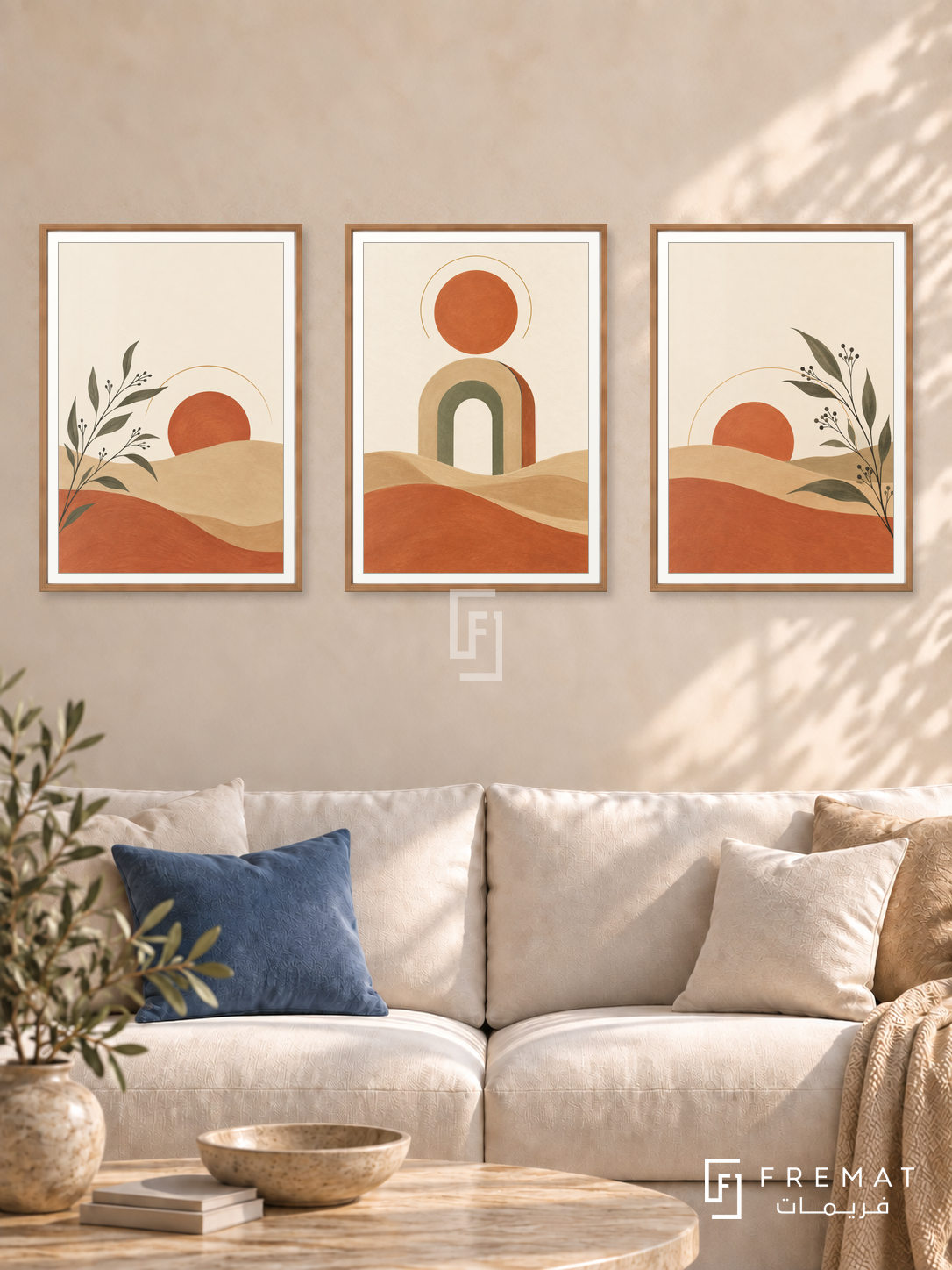 One Sun Three Moments — set of three complementary boho artworks in Wooden Texture frames, shown at 50×70 cm each.