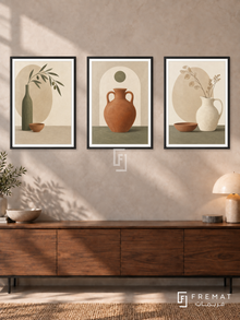 Quiet Vessels — set of three complementary boho artworks in Black frames, shown at 50×70 cm each.