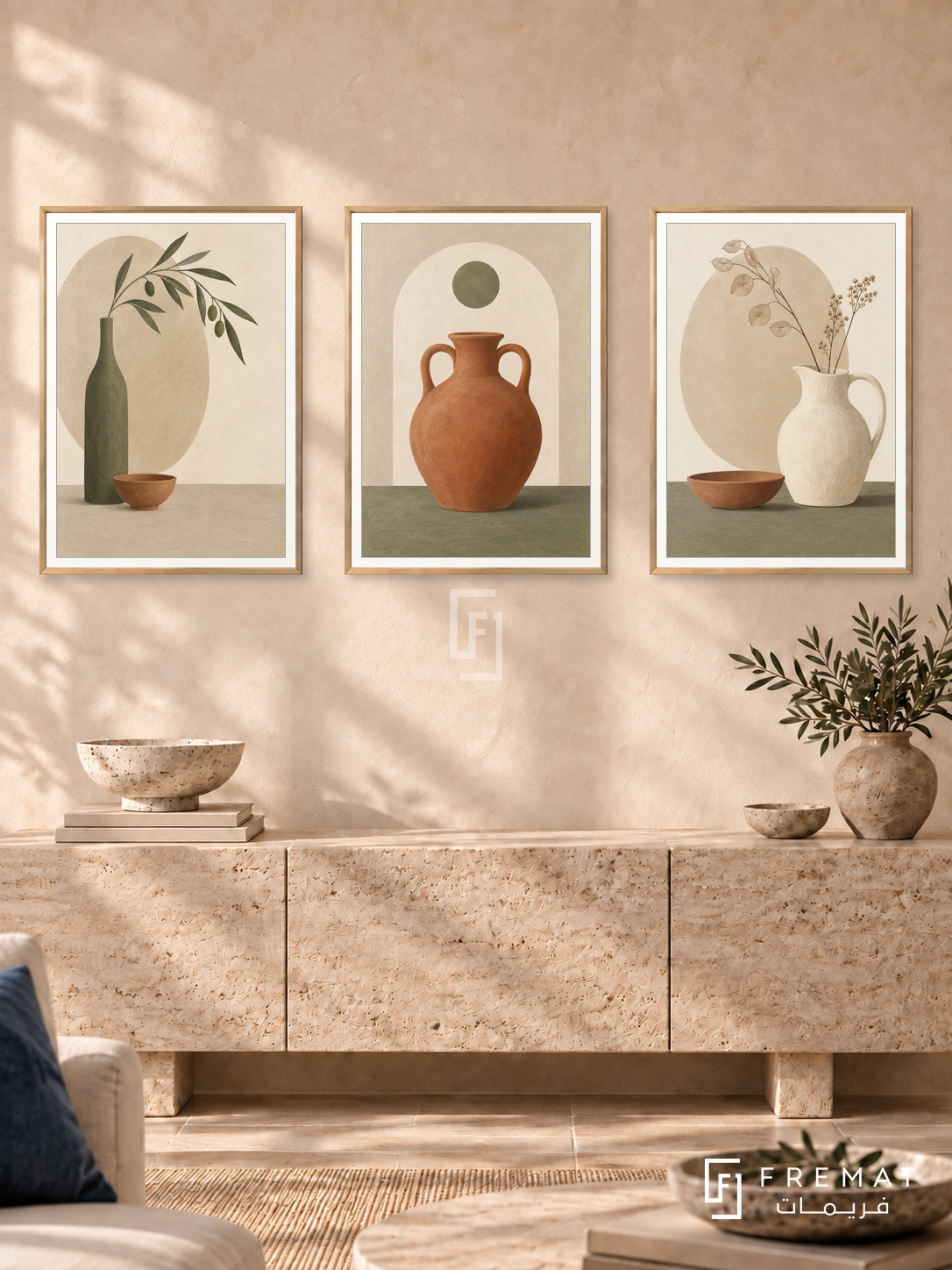 Quiet Vessels — set of three complementary boho artworks in Gold frames, shown at 50×70 cm each.