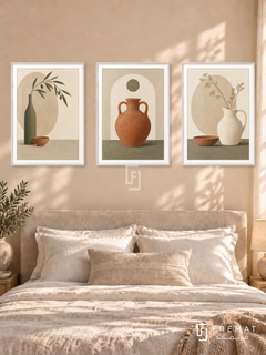 Quiet Vessels — set of three complementary boho artworks in White frames, shown at 50×70 cm each.