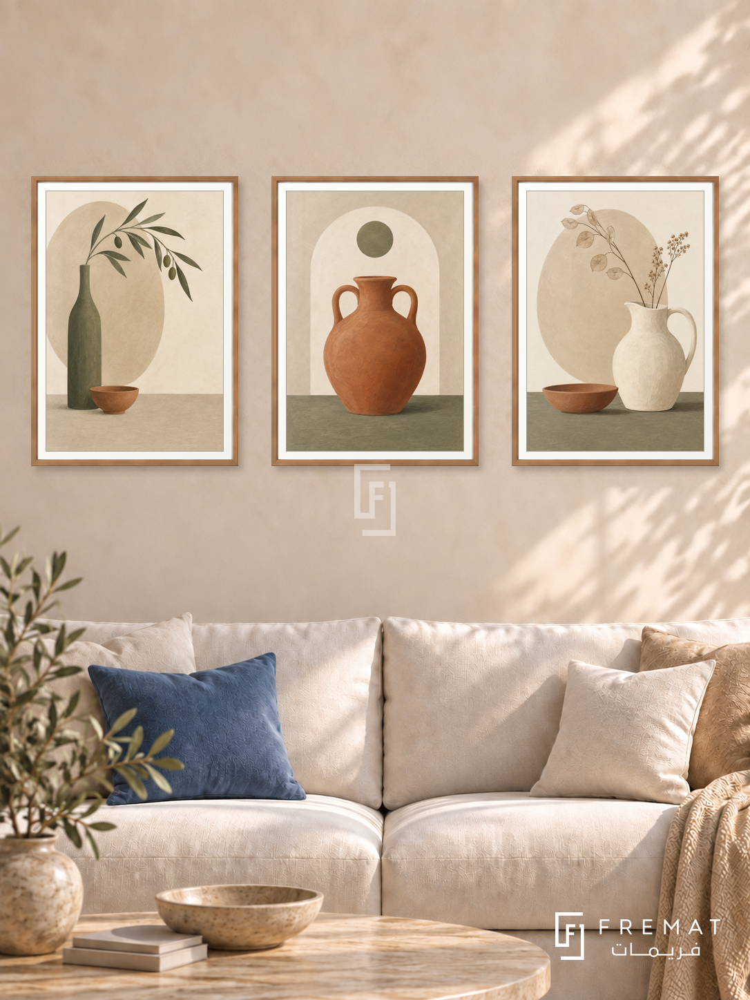 Quiet Vessels — set of three complementary boho artworks in Wooden Texture frames, shown at 50×70 cm each.