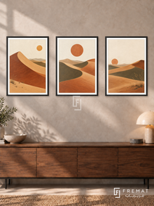 Desert Rhythm — set of three complementary boho artworks in Black frames, shown at 50×70 cm each.