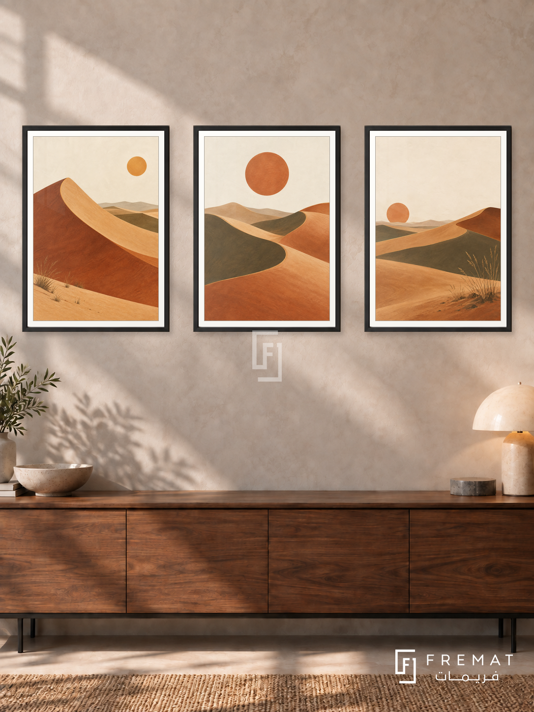 Desert Rhythm — set of three complementary boho artworks in Black frames, shown at 50×70 cm each.