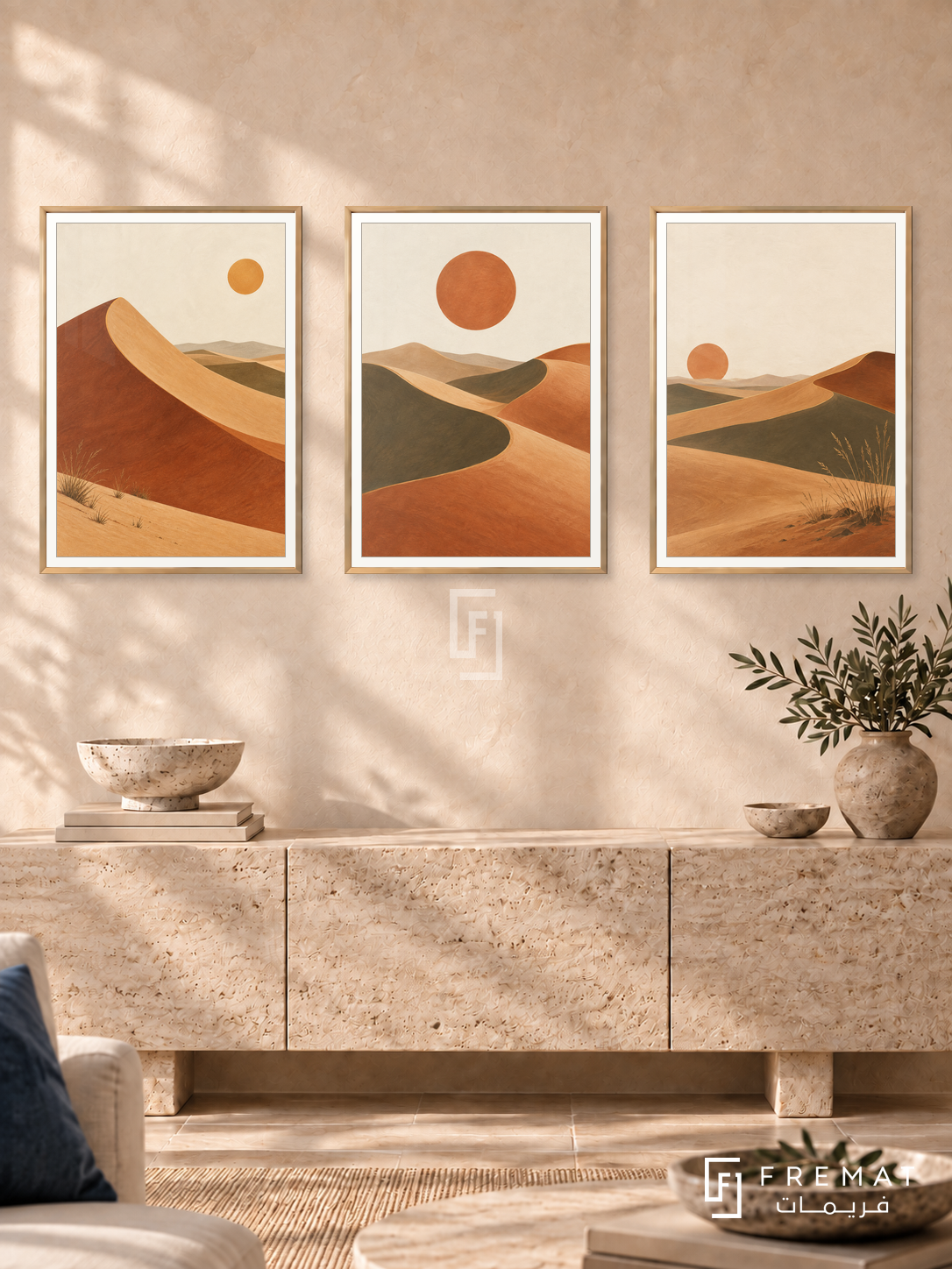 Desert Rhythm — set of three complementary boho artworks in Gold frames, shown at 50×70 cm each.