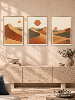 Desert Rhythm — set of three complementary boho artworks in Gold frames, shown at 50×70 cm each.